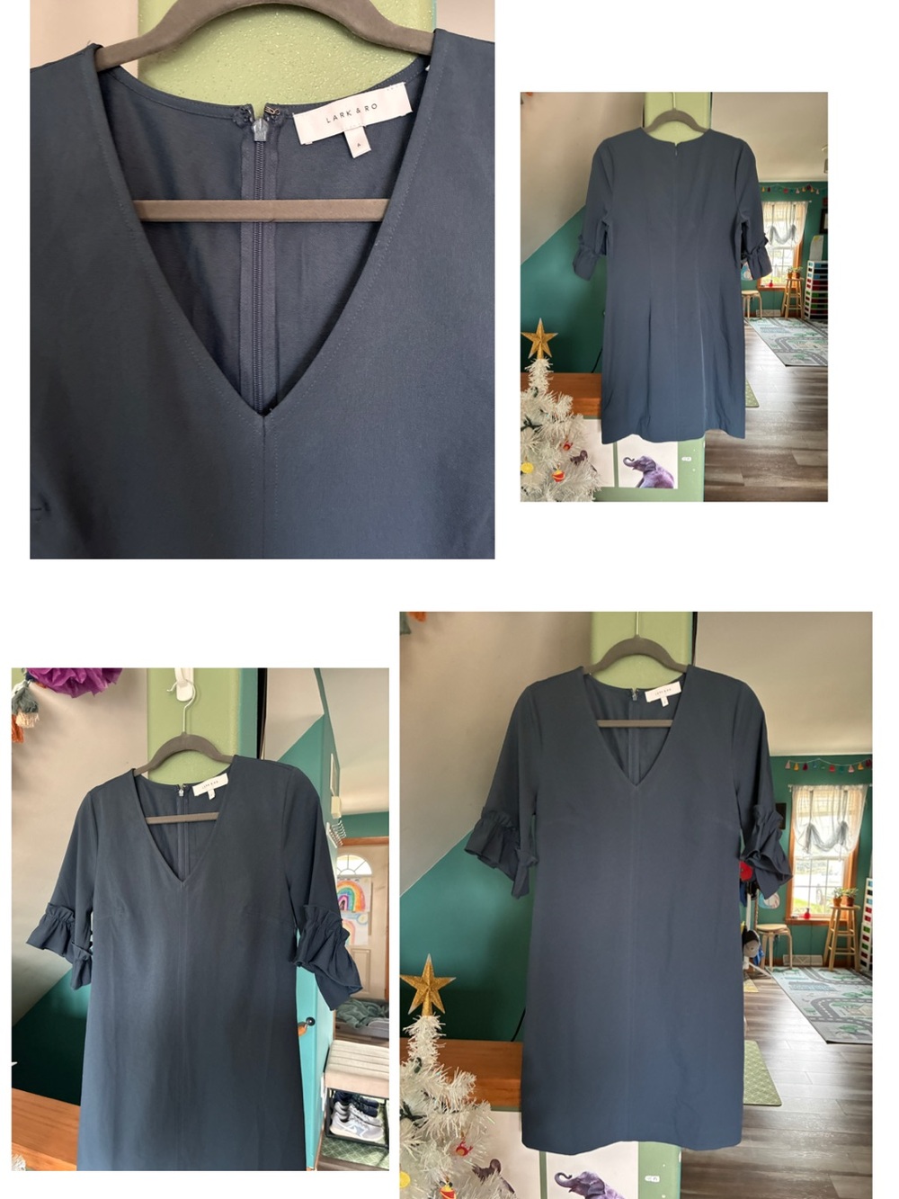 Lark & Ro Navy V-Neck Ruffle Sleeve Shift Dress